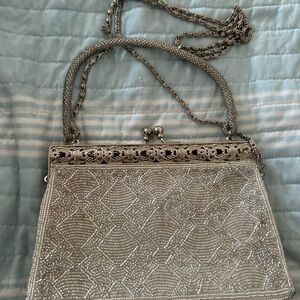 Chic Silver Beaded Clutch